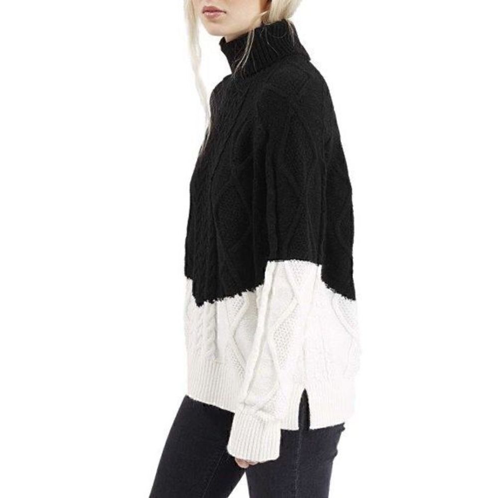 Top Shop Womens Size 4 Turtleneck Sweater Black White Chunky Cable Knit Pullover